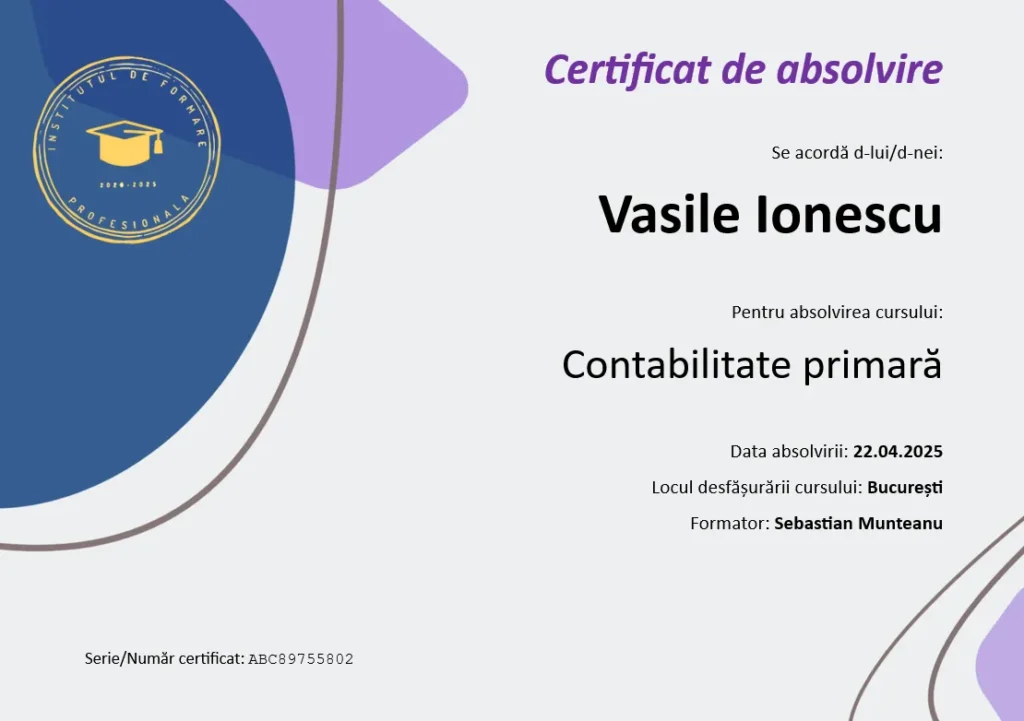 Certificat de absolvire realizat în Word, folosit ca model.